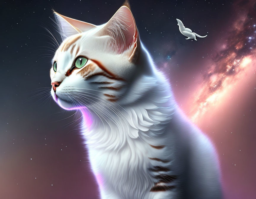 Digitally enhanced white and striped cat with cosmic background featuring nebula and floating cat silhouette