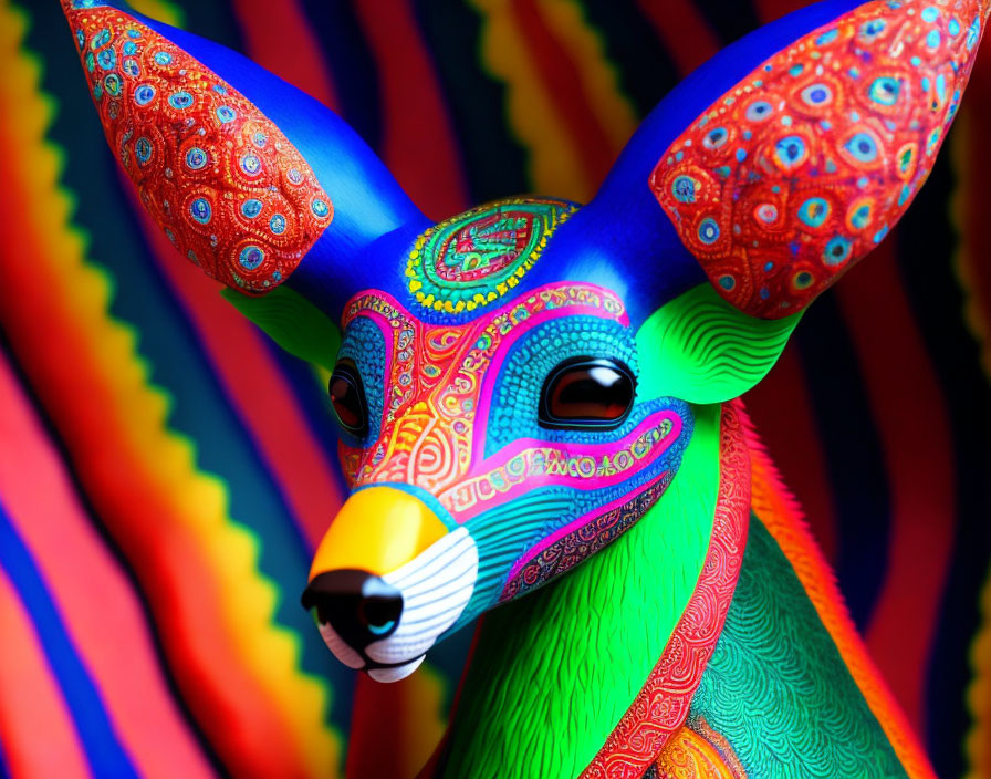 Colorful Alebrije Deer Sculpture with Intricate Patterns on Swirling Backdrop