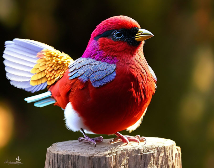 Colorful Bird with Yellow Beak & Multicolored Wings on Tree Stump