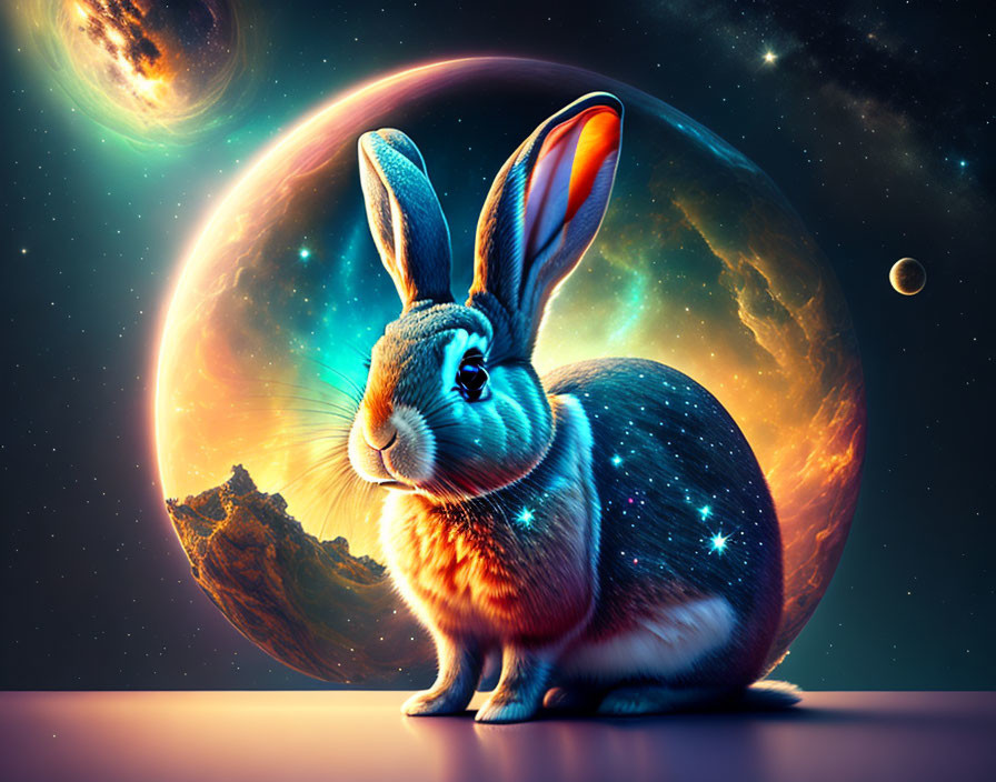 Starry cosmic rabbit with planet and moons in surreal space scene