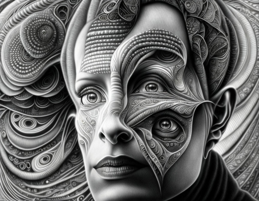 Greyscale digital artwork of surreal portrait with intricate patterns.