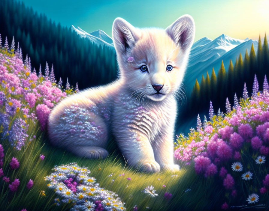 Whimsical painting of fluffy kitten in pink wildflowers