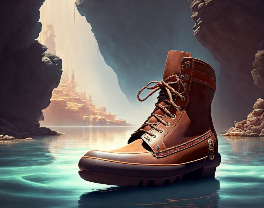 Brown Leather Boot on Water with Cavern and Sunlight