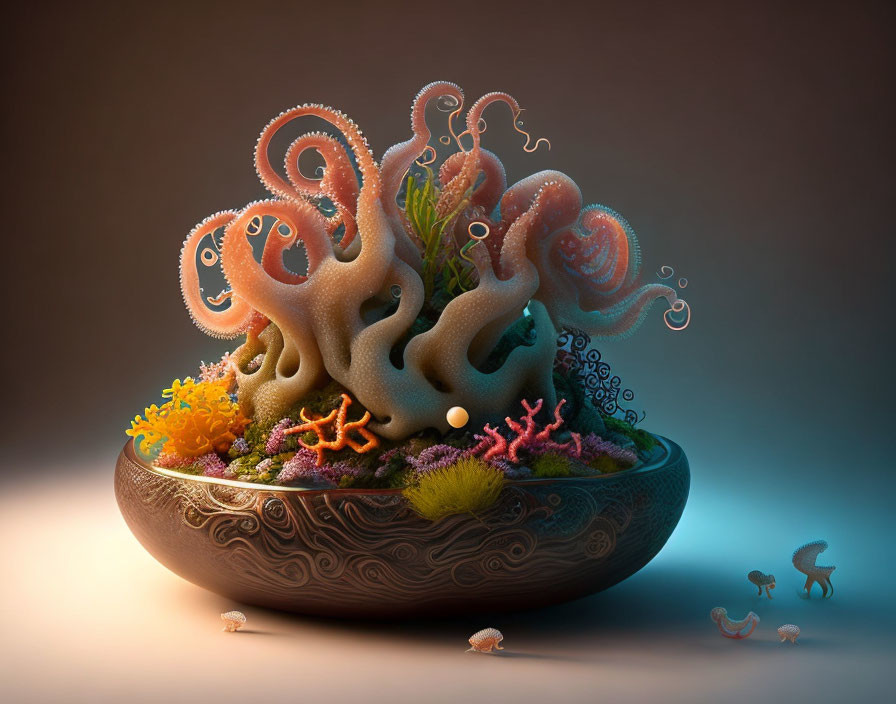 Colorful Octopus Artwork with Coral and Seahorses