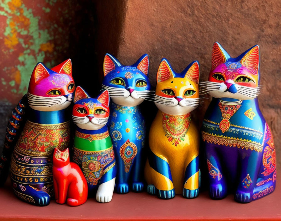 Vibrant wooden cat figurines on red-brown backdrop