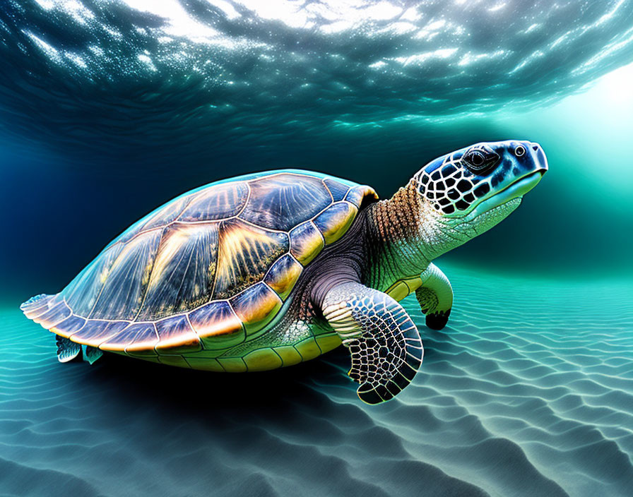 Sea turtle swimming near ocean floor with light rays highlighting shell.