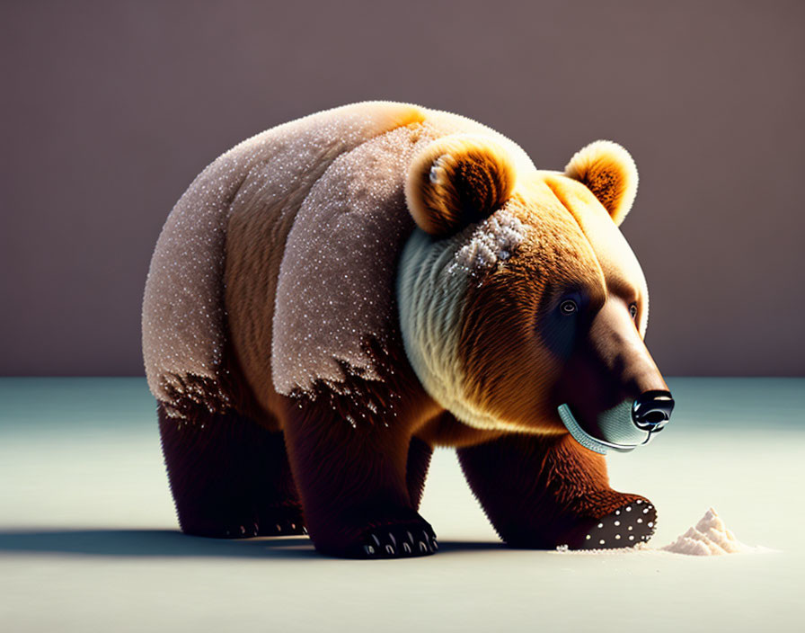 Brown bear with snow dust sniffing at mound