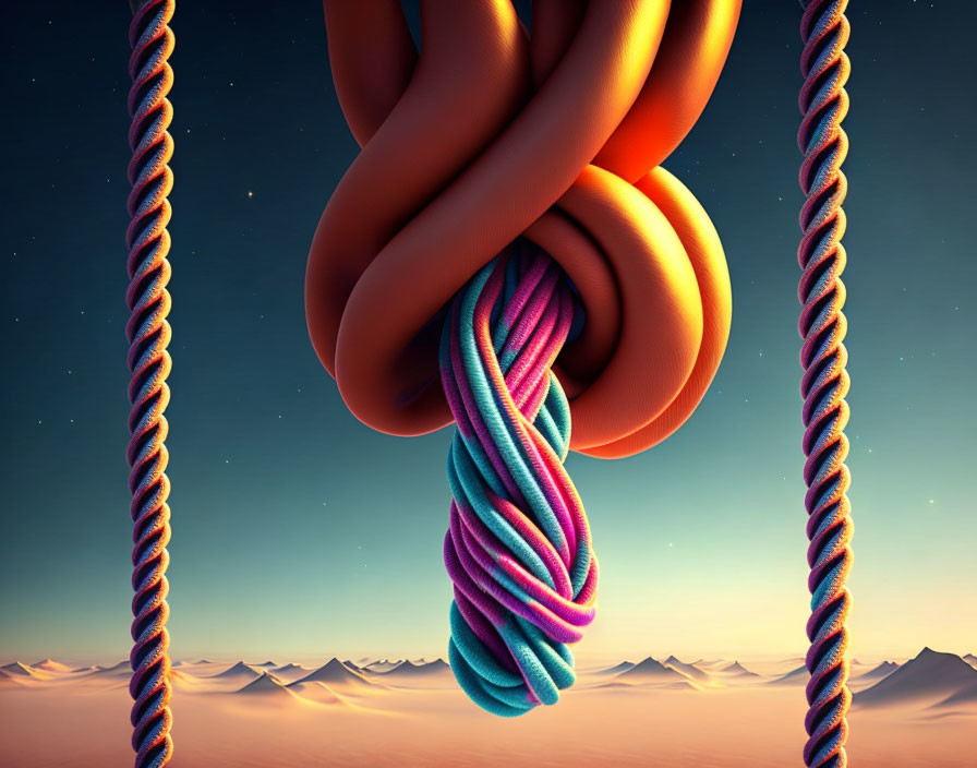 Vibrant rope knot against desert twilight sky