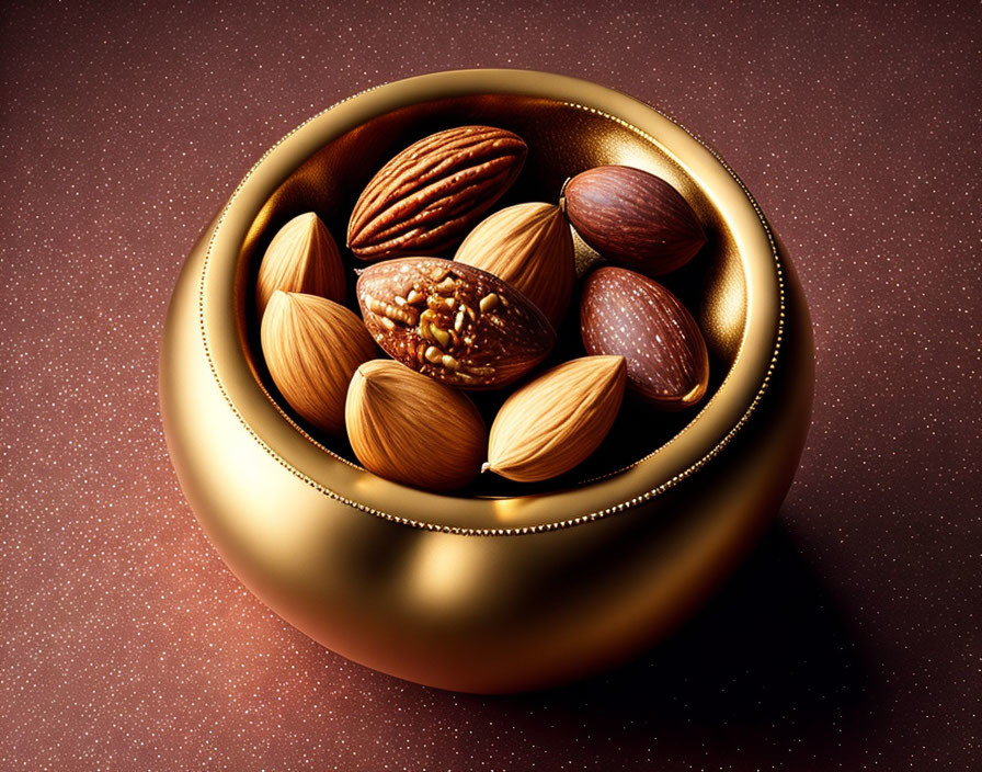 Golden Bowl with Almonds and Pecans on Sparkling Background