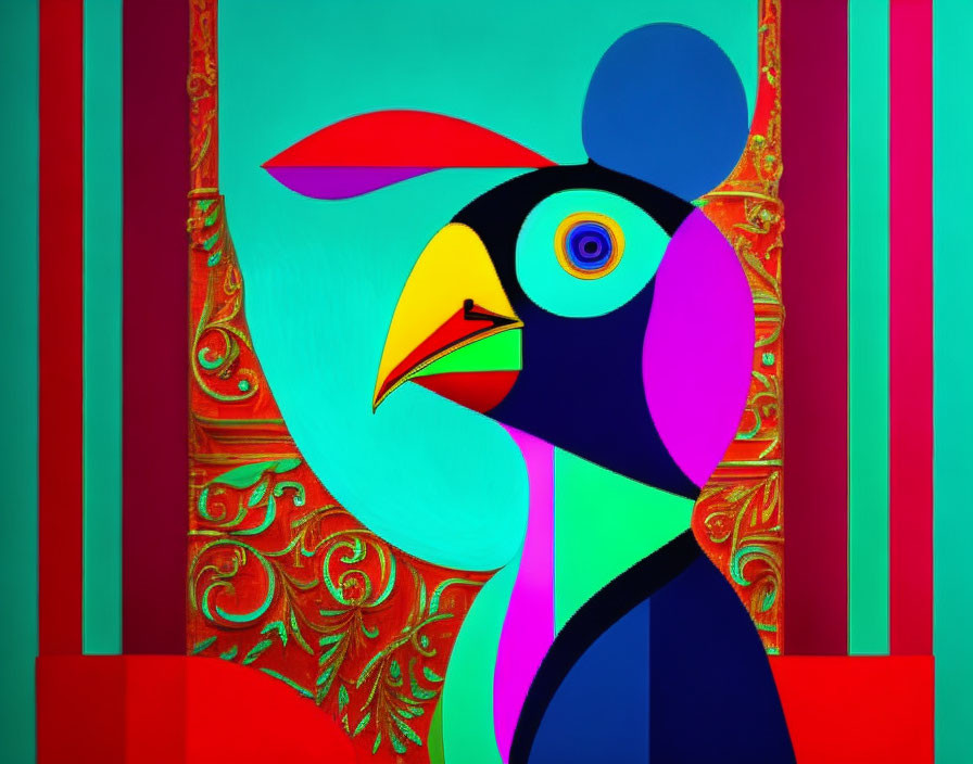 Vibrant abstract bird illustration with geometric shapes on patterned background.