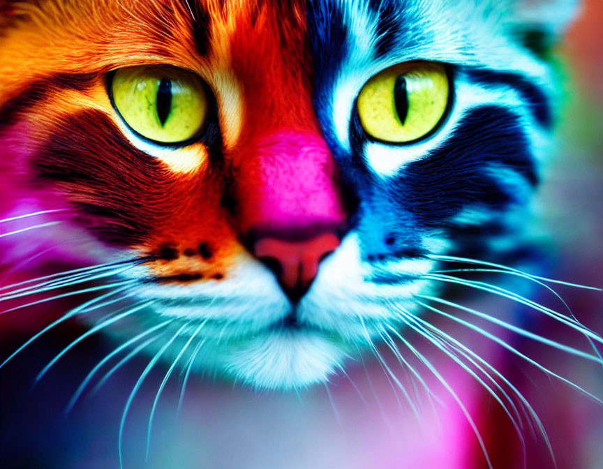 Colorful Close-Up of Cat's Face with Green Eyes & Rainbow Fur