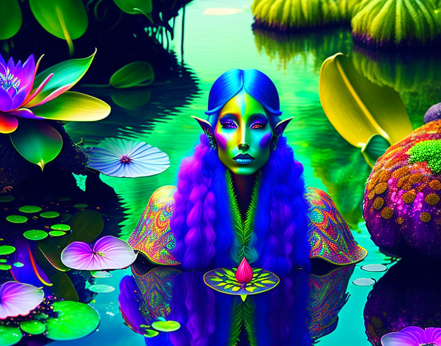 Fantasy Female Figure with Blue Skin and Purple Hair in Magical Pond