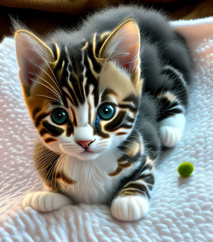 Hyper-realistic illustration of a striped kitten with blue eyes on white surface.