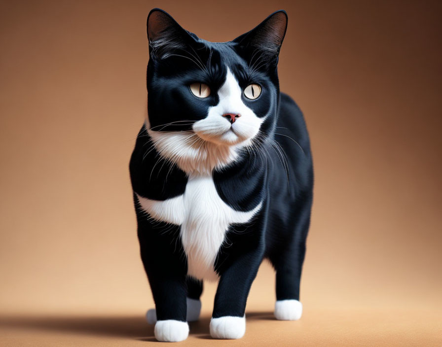 Black and White Cat with Yellow Eyes on Tan Background