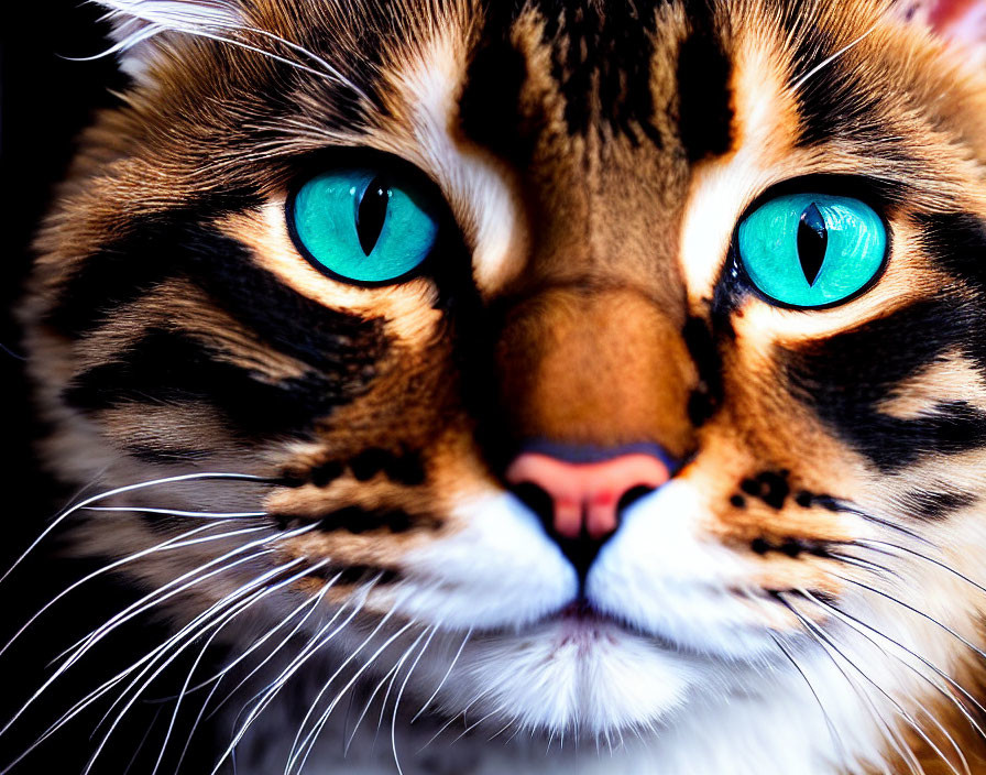 Striking turquoise-eyed cat with black and orange striped fur