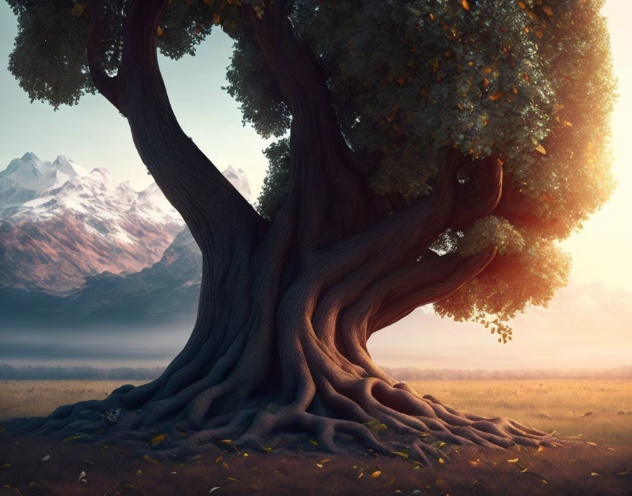 Majestic tree in idyllic landscape with glowing sunrise