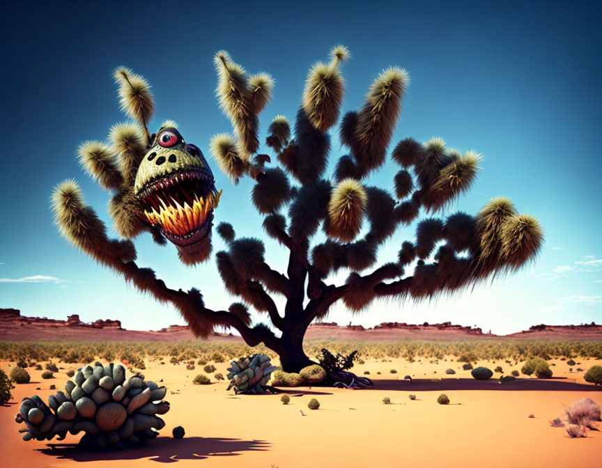 Surreal artwork: Joshua tree as monstrous creature in desert landscape