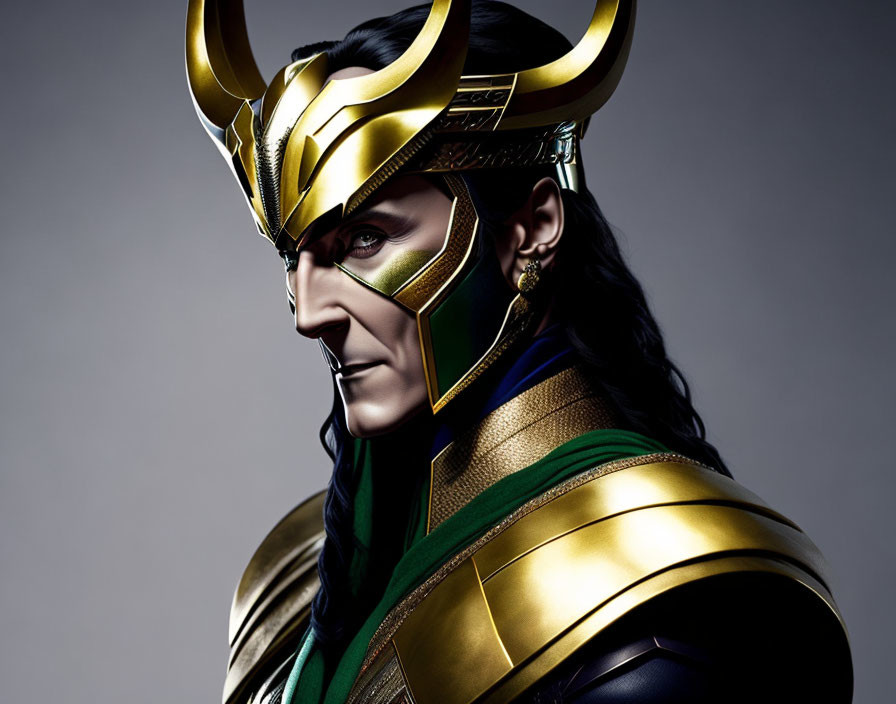 Comic book character portrait with golden horned helmet and green armor