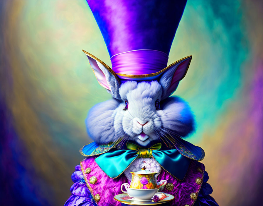 Colorful character with rabbit head in elegant costume and top hat holding teacup