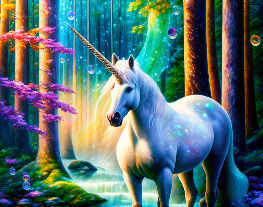 White unicorn in vibrant forest with pink trees & bubbles