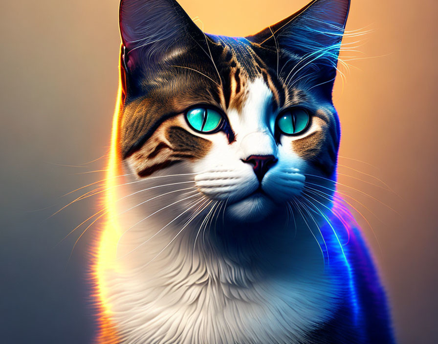 Striking blue-eyed cat with neon glow and multicolored whiskers