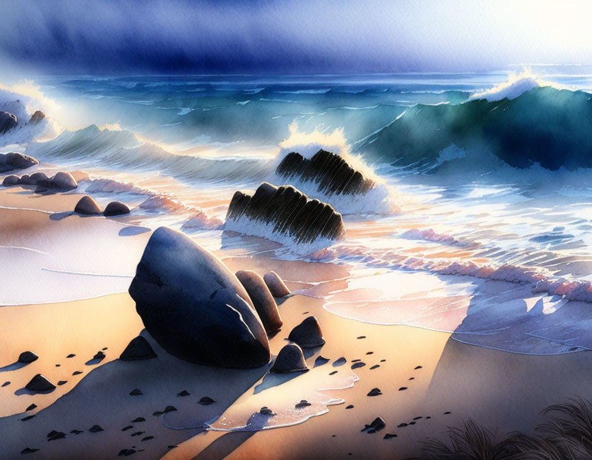 Tranquil watercolor painting of serene beach with gentle waves and rocky shore