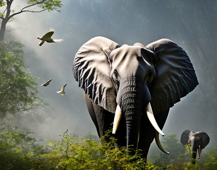 Misty forest scene with elephants and birds