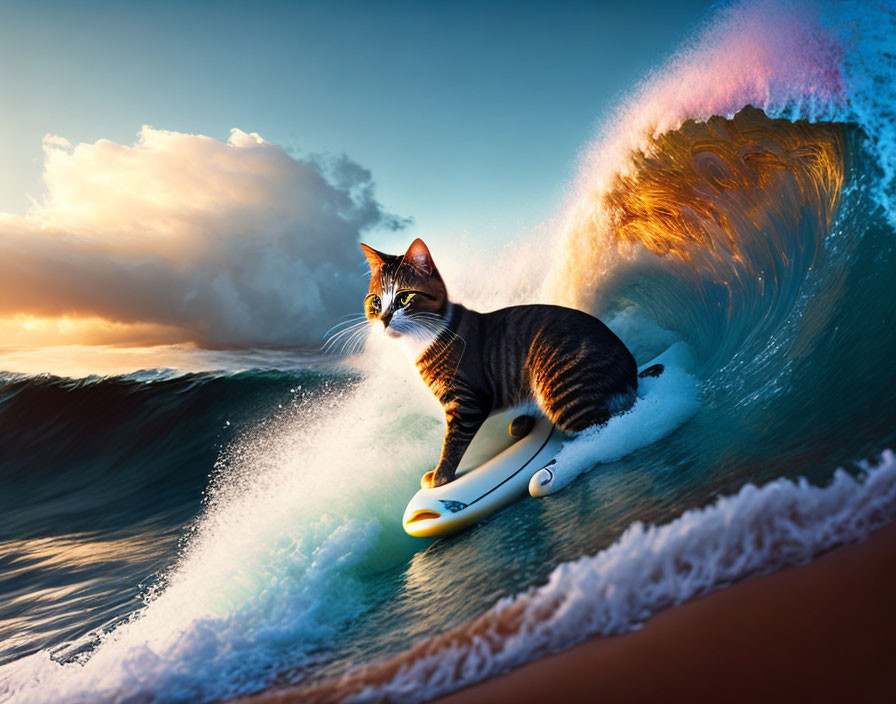 Brown and black fur cat surfing on wave at sunset