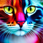 Colorful Close-Up of Cat's Face with Green Eyes & Rainbow Fur