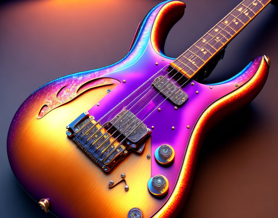 Colorful Sunset Gradient Electric Guitar with Sparkling Purple Edges