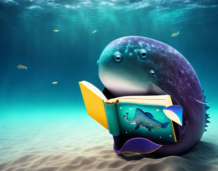 Purple whale-like creature reading space book underwater