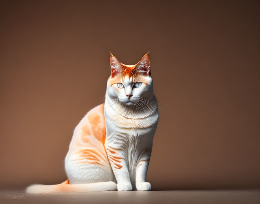 Orange and White Cat with Blue Eyes on Brown Background