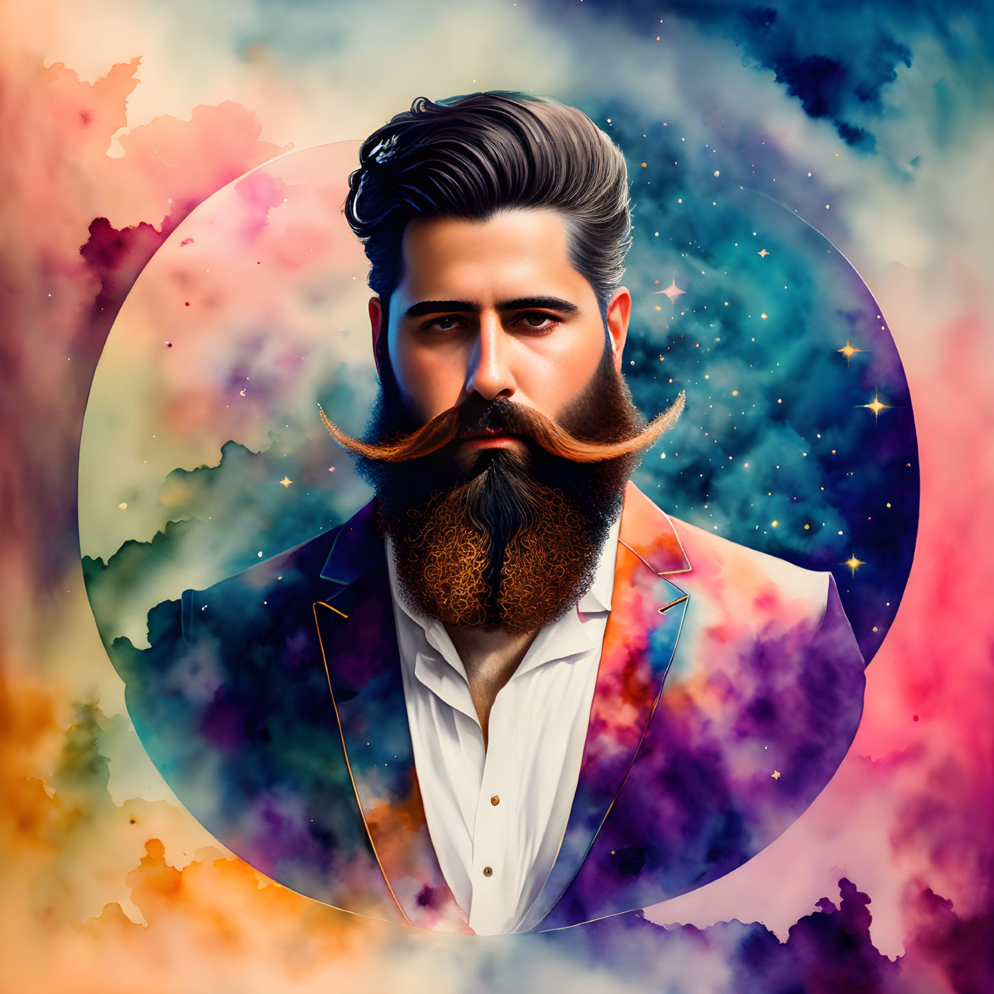 Bearded man portrait on vibrant cosmic watercolor background