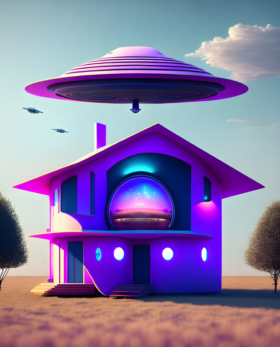 Surreal image of UFO over futuristic house at dusk