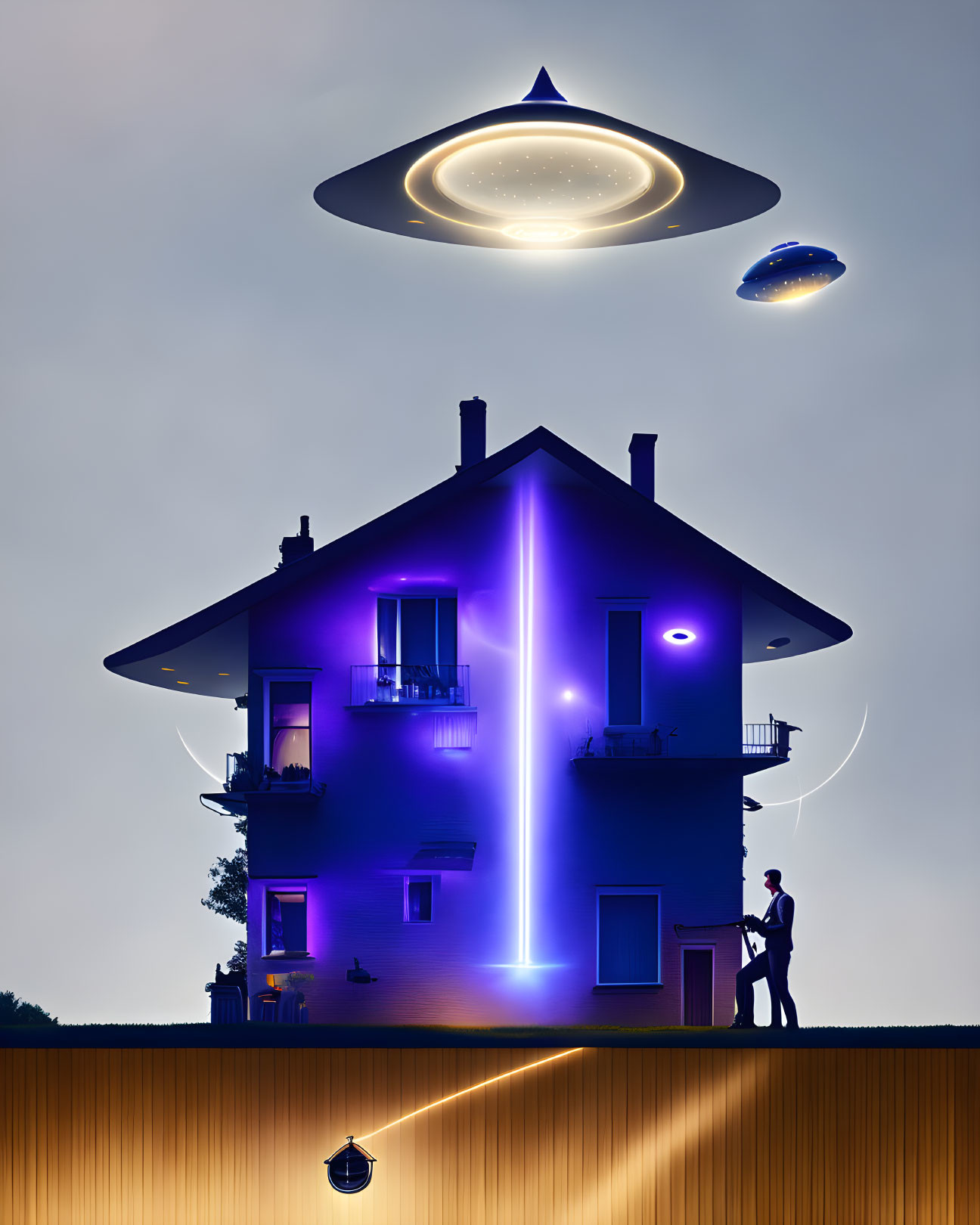 Surreal dusk scene: UFOs hover above glowing house, figure at entrance