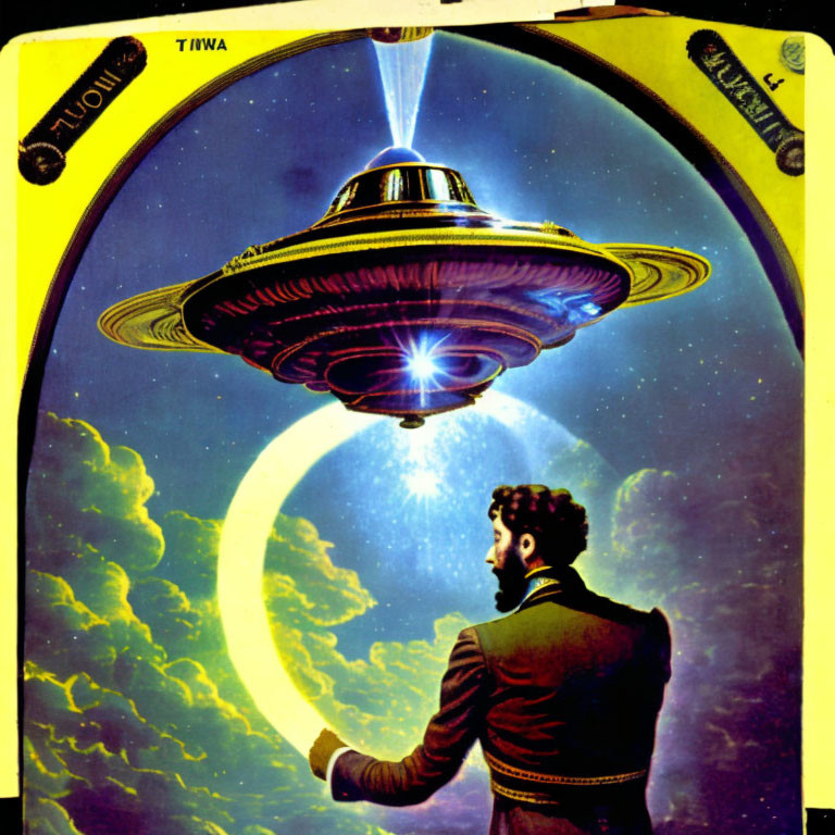 Retro-style illustration of man in suit observing flying saucer and moon