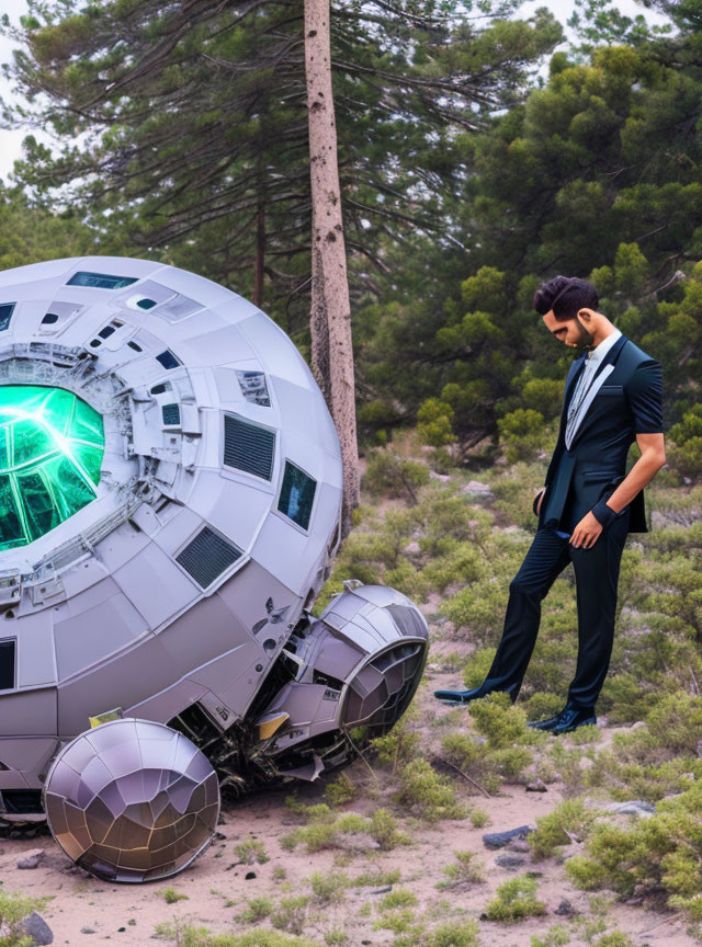 Man in suit near crashed futuristic spacecraft in forest.