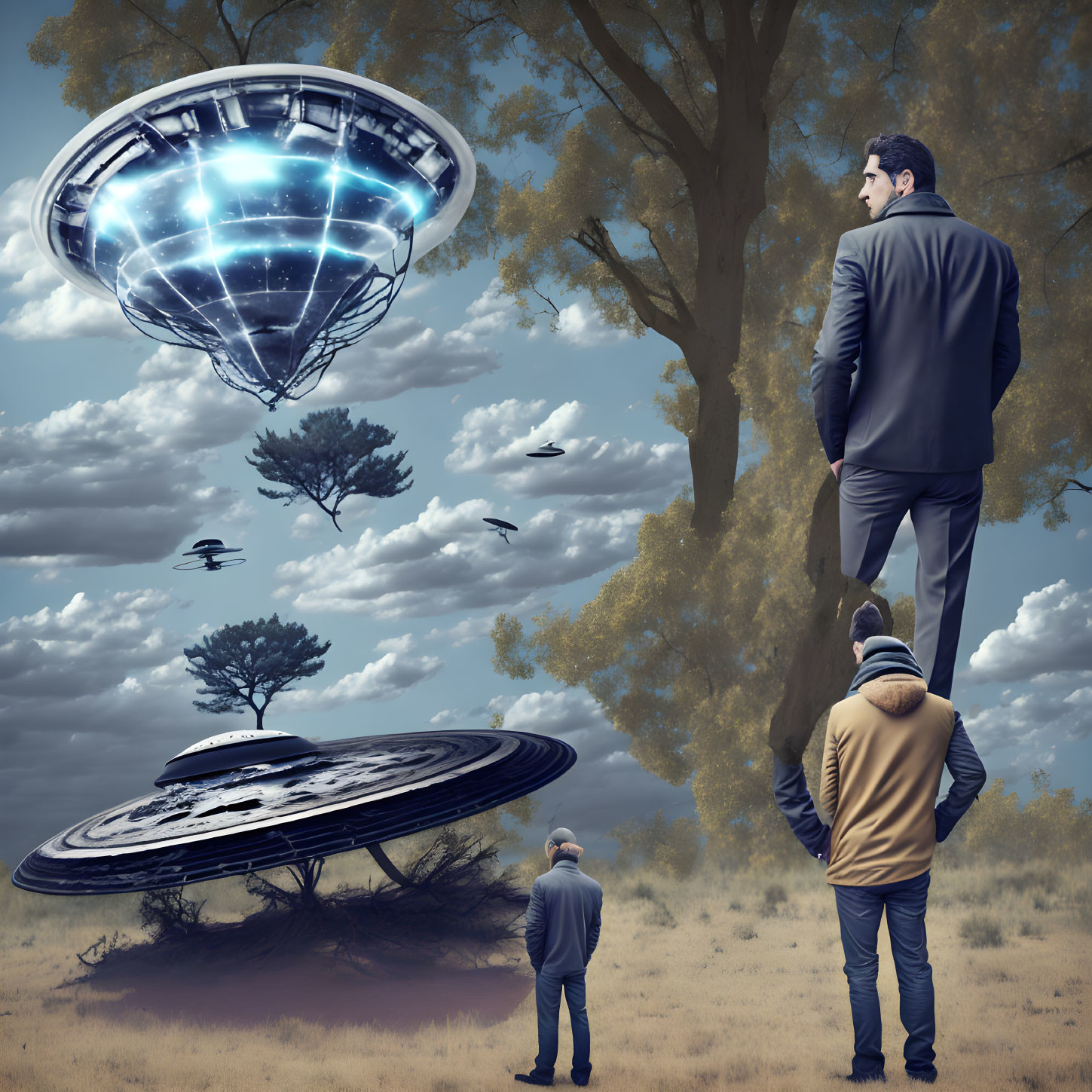 Man standing on flipped saucer, another observing, with levitating saucer and birds in cloudy sky