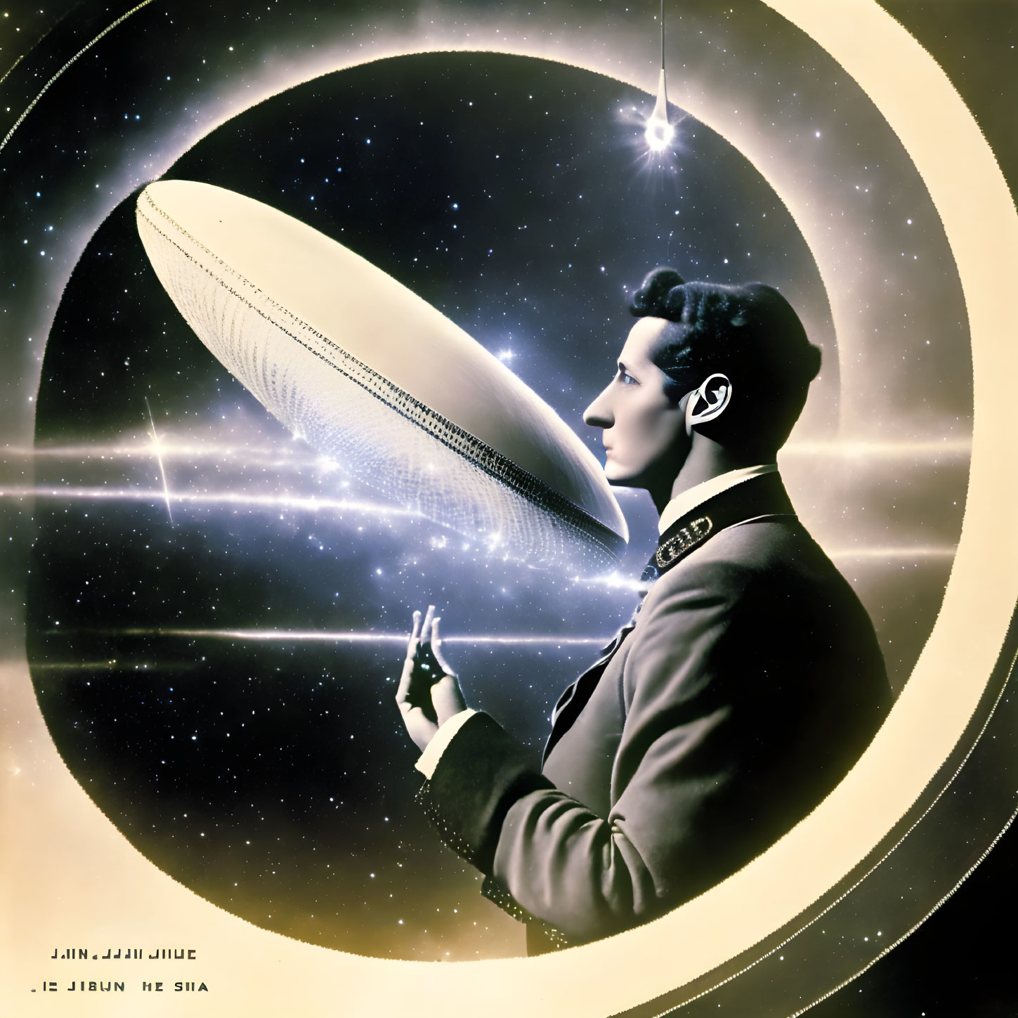 Stylized profile of man in suit with illuminated zeppelin in celestial setting