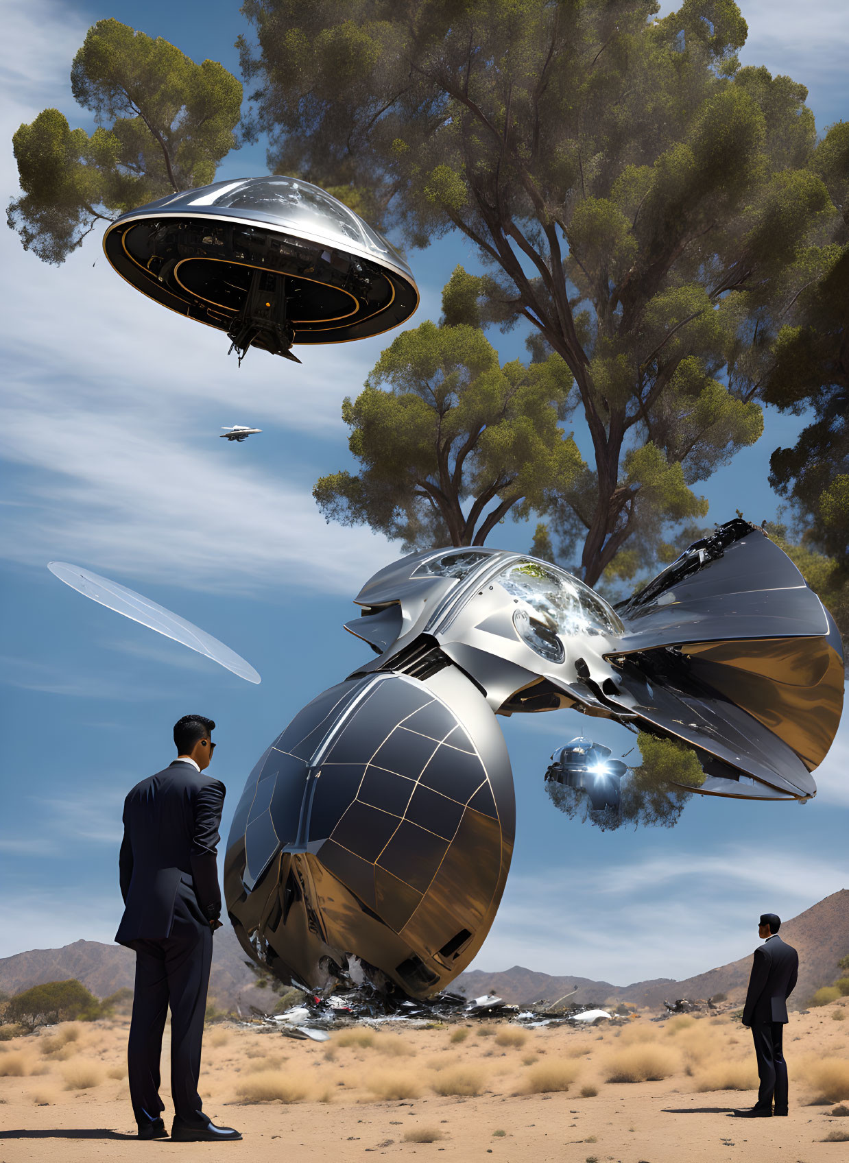 Man in suit views futuristic UFOs over desert with crashed craft