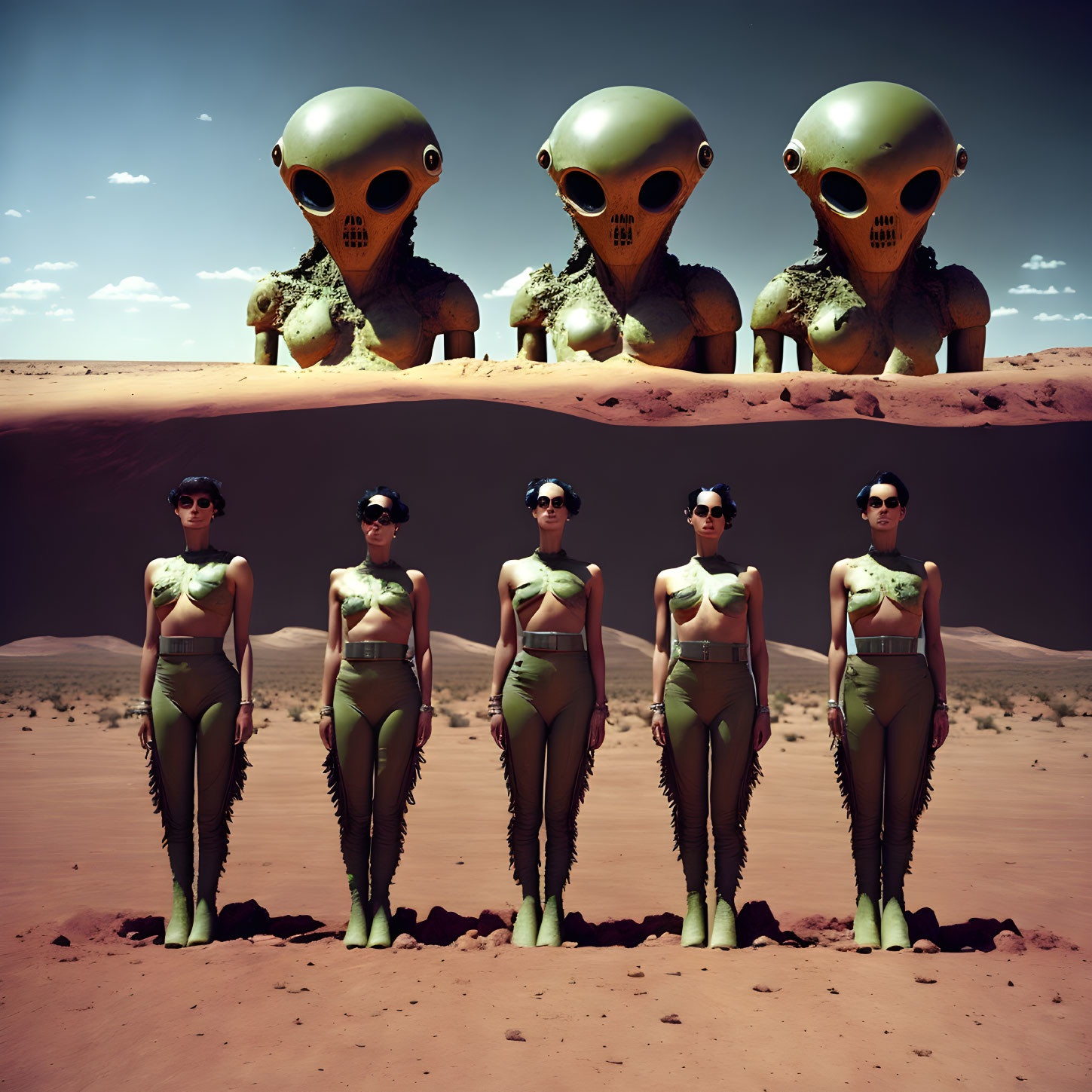 Six individuals in desert: Three large-headed aliens and three humans in uniform under clear sky