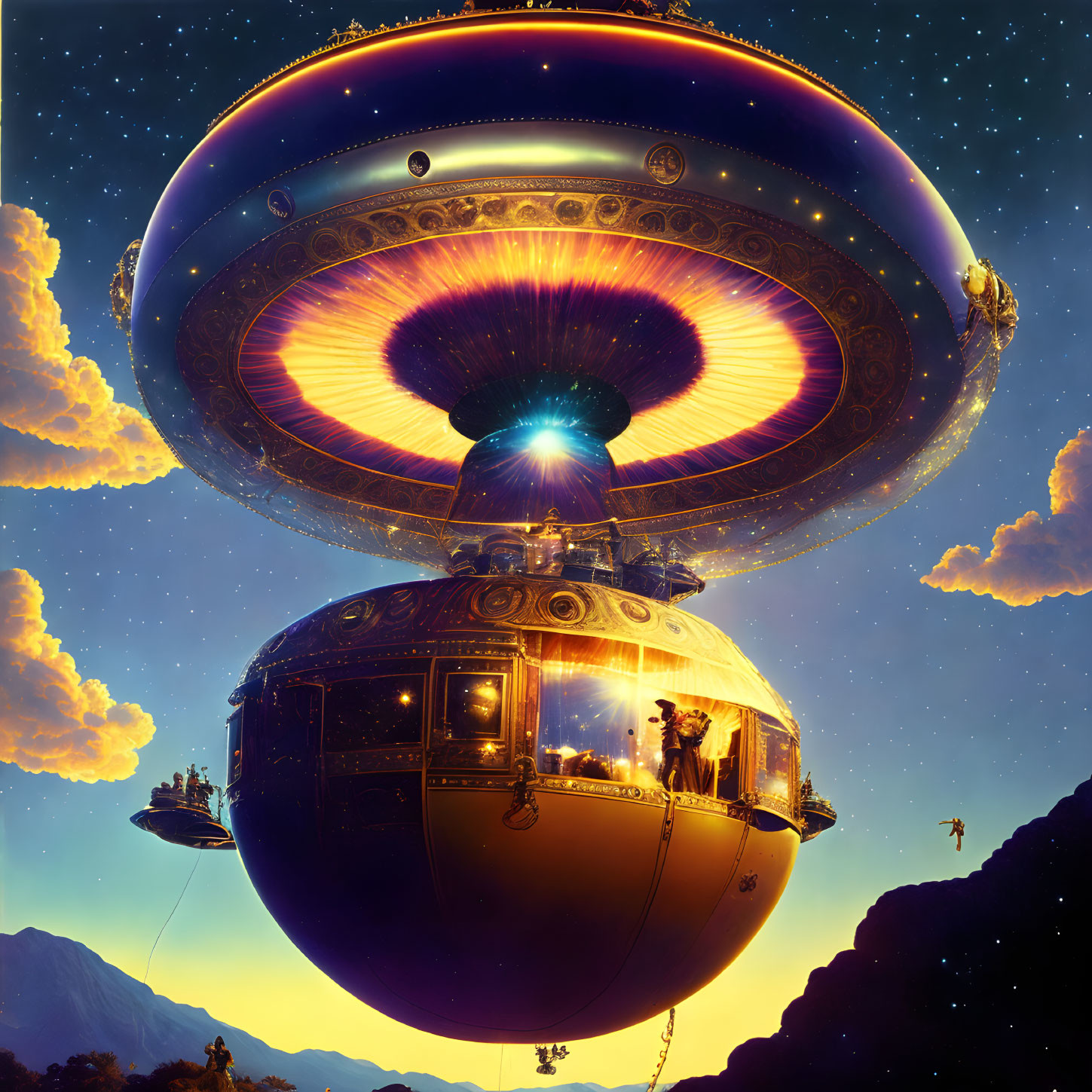 Colorful surreal artwork of detailed spaceship in sunset sky