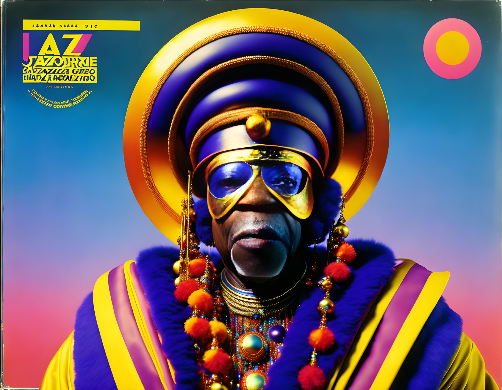 Colorful portrait of a man in regal attire with jewelry and sunglasses on blue backdrop