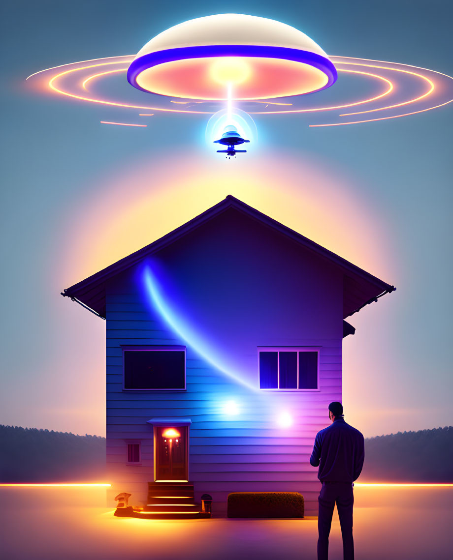 Man observing large glowing UFO at dusk