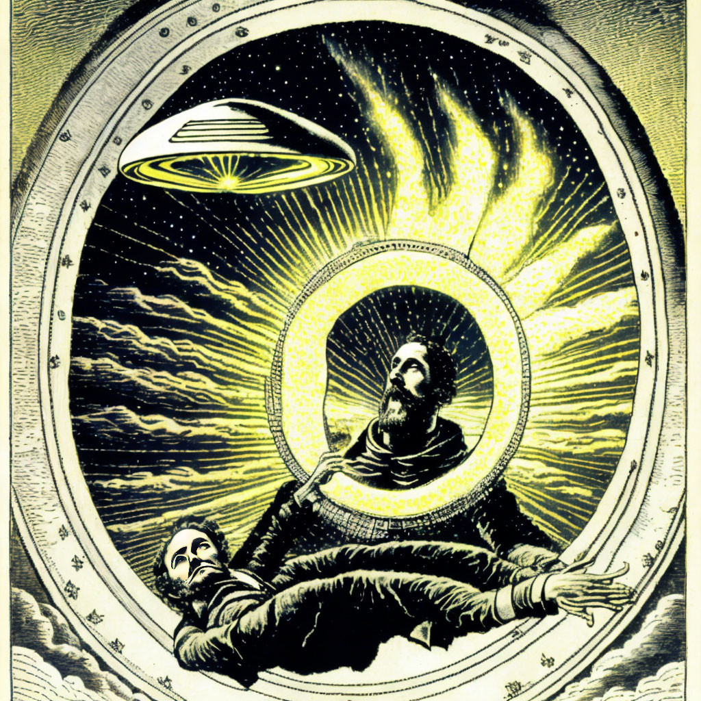 Vintage-style illustration of human figure in space with celestial patterns and UFO.