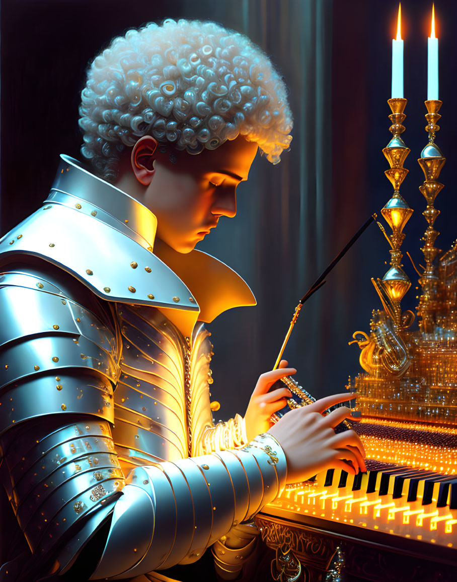 Person in ornate silver armor playing golden piano by candlelight