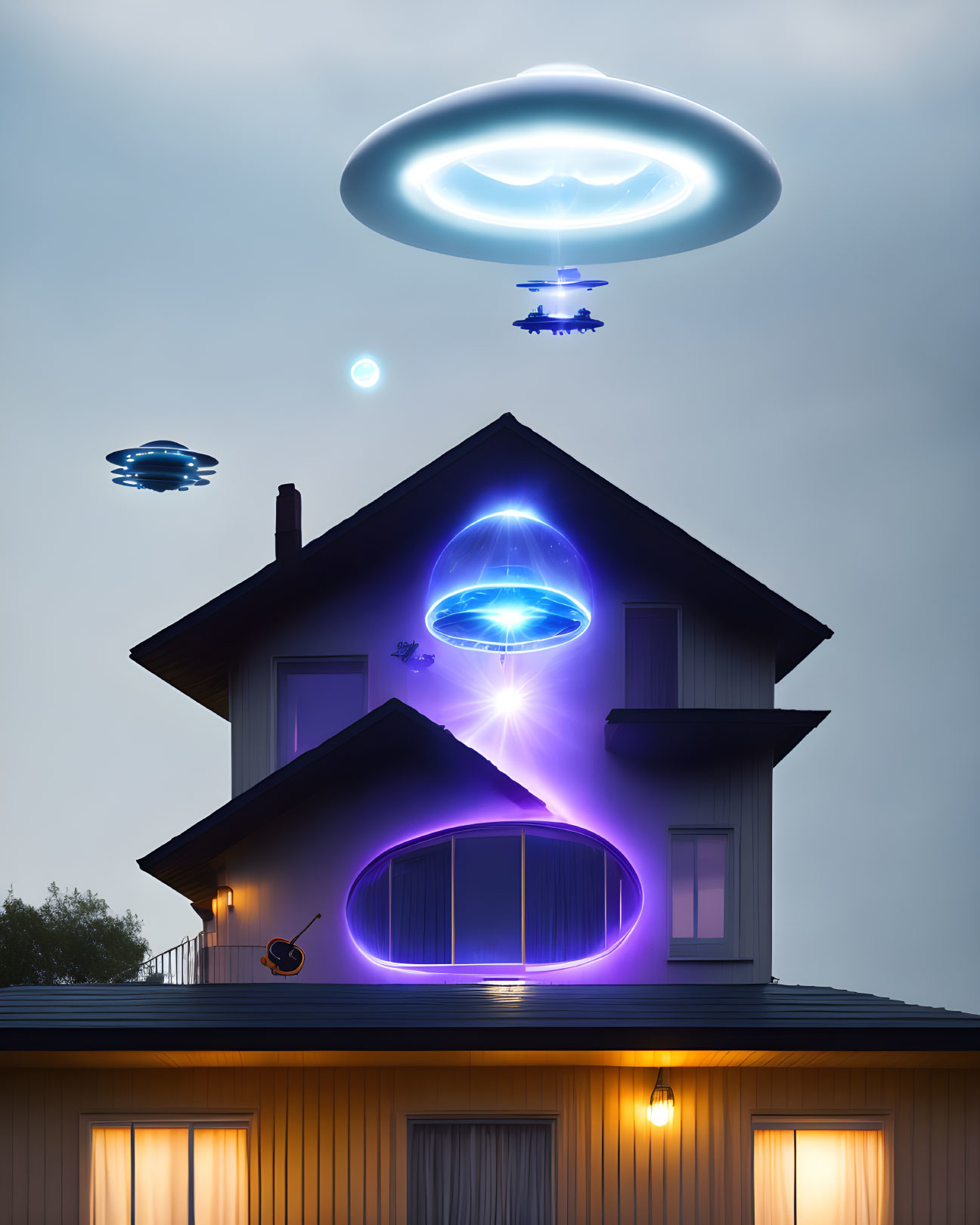 Digital artwork: UFOs with glowing lights over two-story house at night