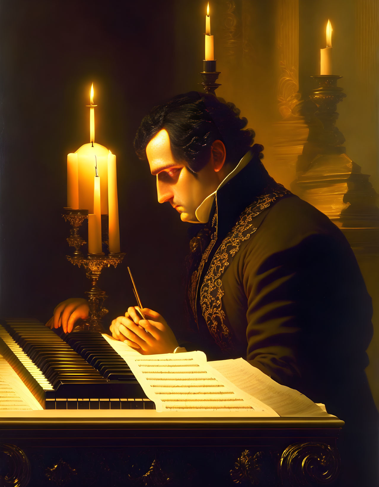 Person in 19th-Century Attire Composes Music at Candlelit Piano