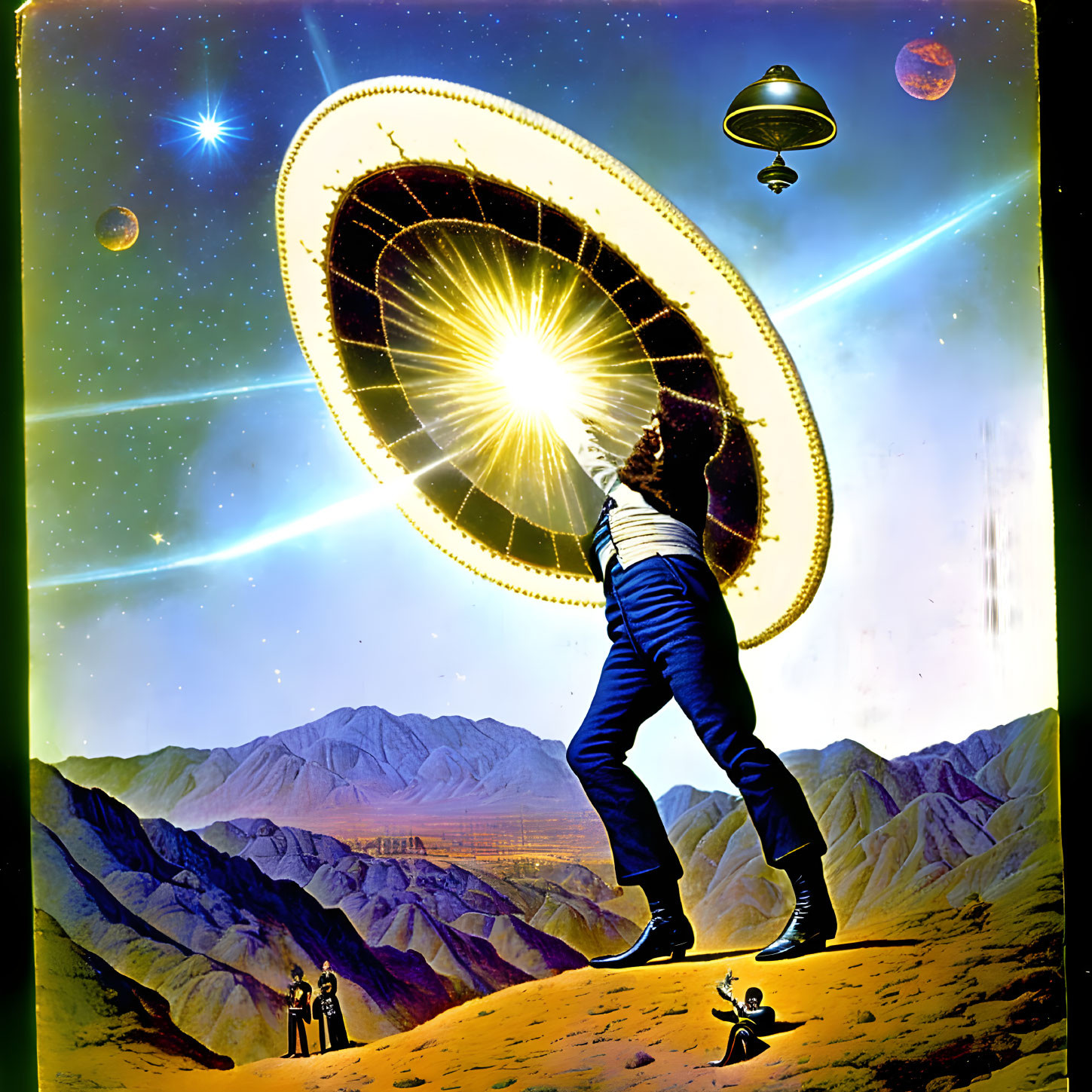 Vintage Sci-Fi Art: Person Watching Glowing UFO Over Mountains