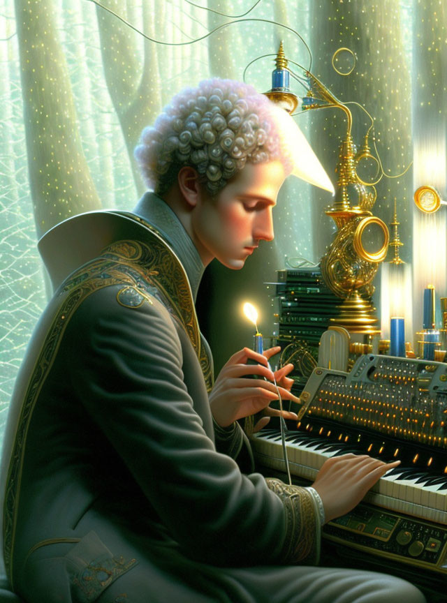 Historical figure plays futuristic illuminated keyboard among brass gears and green drapery